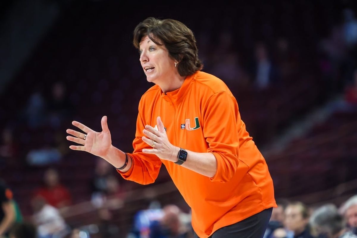 Mar 18, 2022; Columbia, South Carolina, USA; Miami Hurricanes head coach Katie Meier directs her team against the South Florida Bulls in the second half at Colonial Life Arena.