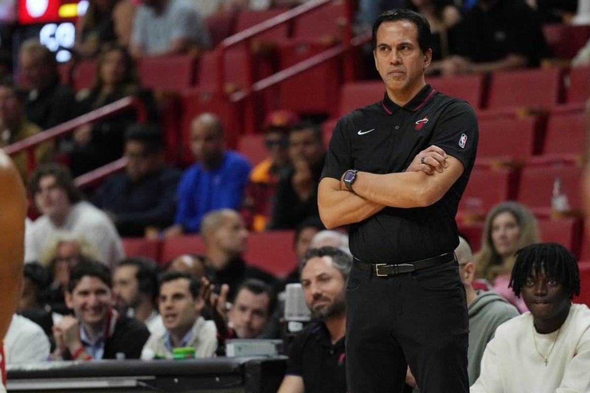 Jan 8, 2024; Miami, Florida, USA;  Miami Heat head coach Erik Spoelstra looks on during the game against the Houston Rockets during the first half at Kaseya Center.