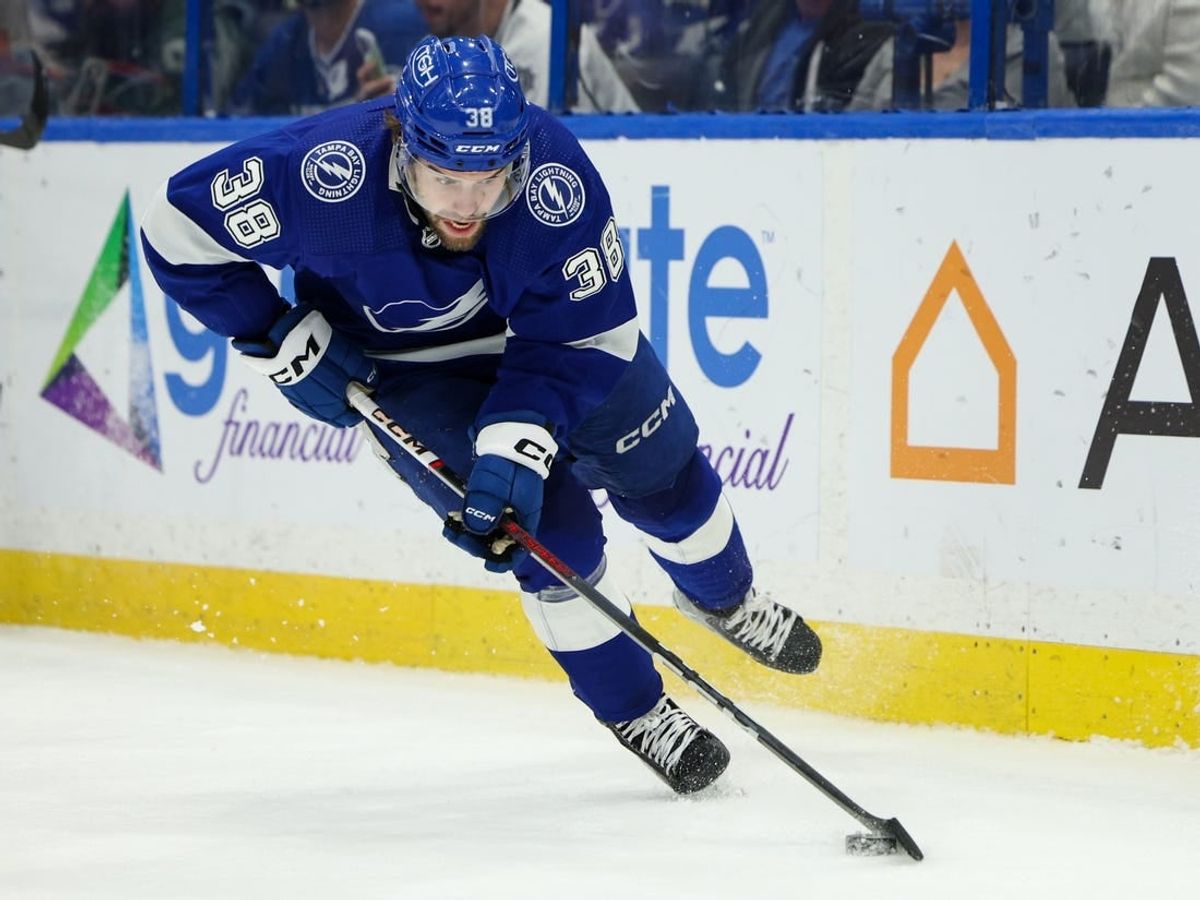 Feb 22, 2024; Tampa, Florida, USA;  Tampa Bay Lightning left wing Brandon Hagel (38) controls the puck against the Washington Capitals in the second period at Amalie Arena.