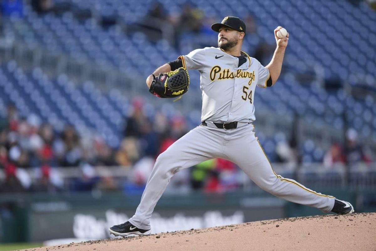 Apr 4, 2024; Washington, District of Columbia, USA; Pittsburgh Pirates starting pitcher Martin Perez (54) throws a pitch during the first inning against the Washington Nationals at Nationals Park.