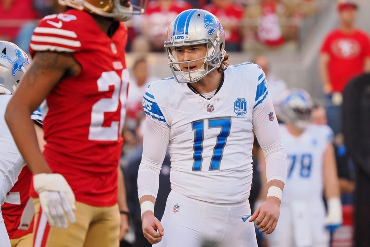 Jan 28, 2024; Santa Clara, California, USA; Detroit Lions place kicker Michael Badgley (17) reacts after a play against the San Francisco 49ers during the first half of the NFC Championship football game at Levi's Stadium.