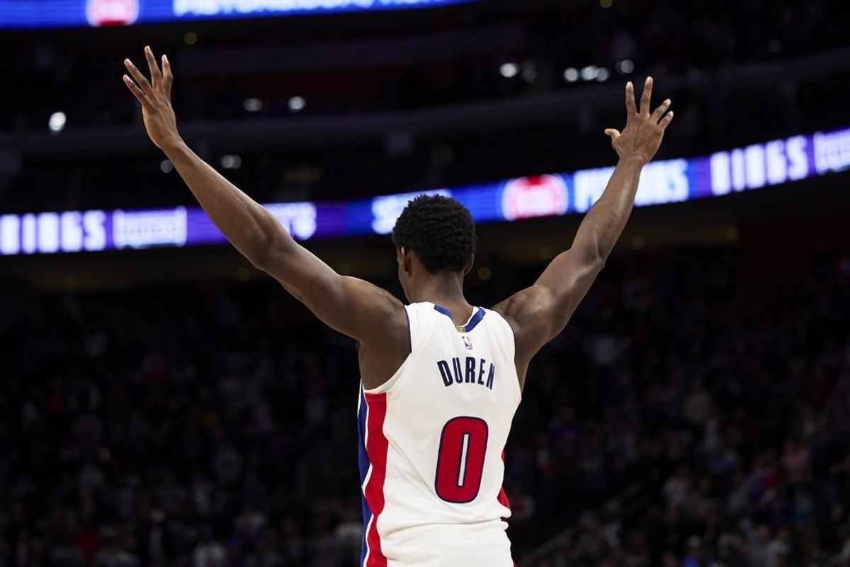 Dec 30, 2023; Detroit, Michigan, USA;  Detroit Pistons center Jalen Duren (0) celebrates in the second half against the Toronto Raptors at Little Caesars Arena.