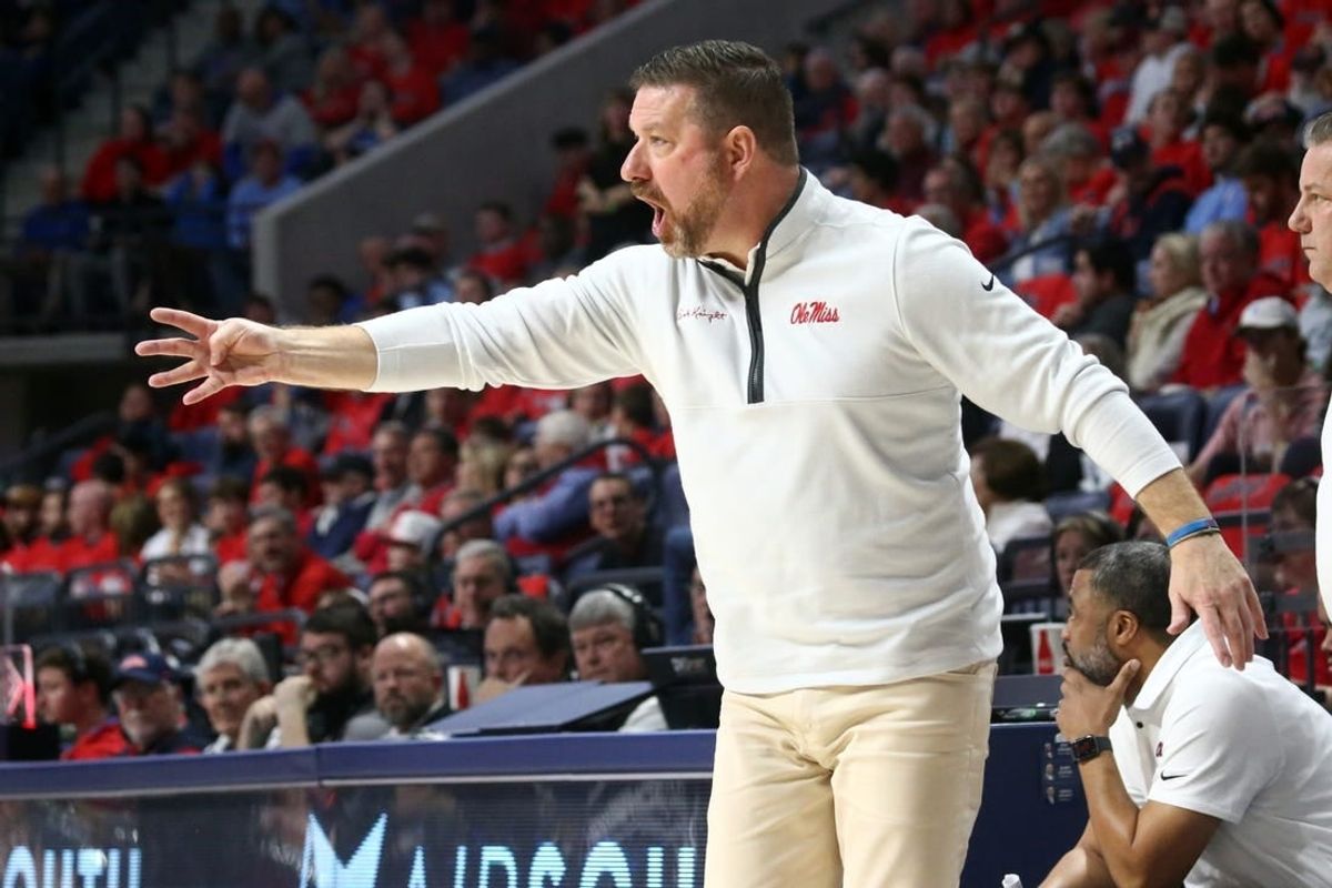 Dec 2, 2023; Oxford, Mississippi, USA; Mississippi Rebels head coach Chris Beard reacts during the first half against the Memphis Tigers at The Sandy and John Black Pavilion at Ole Miss.