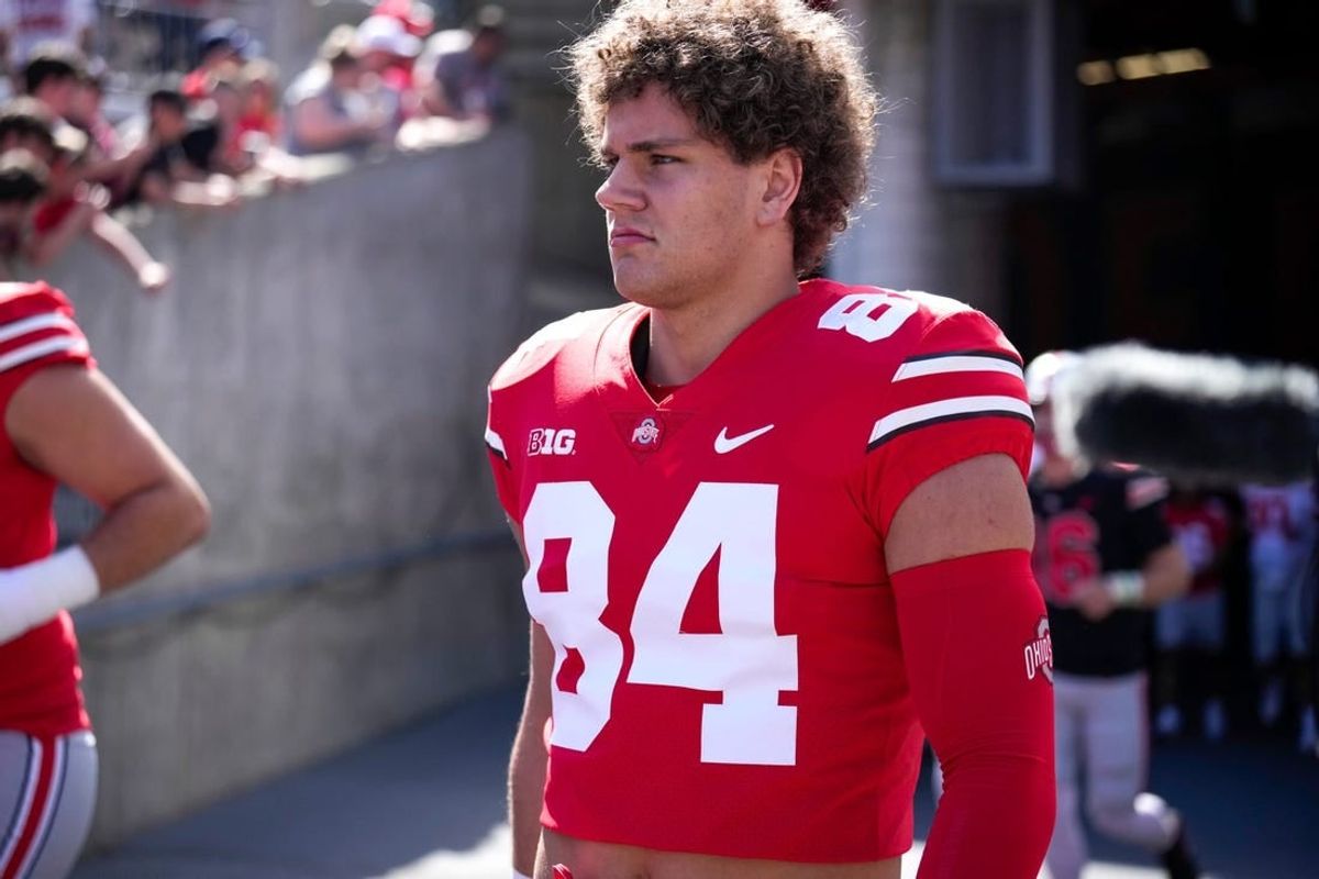 Apr 15, 2023; Columbus, Ohio, United States;  Ohio State Buckeyes tight end Joe Royer (84) enters the field during warmups for the Ohio State Buckeyes spring game at Ohio Stadium on Saturday morning.

Football Ceb Osufb Spring Game Ohio State At Ohio State