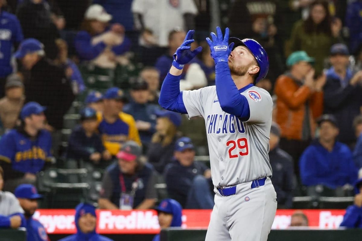 Apr 12, 2024; Seattle, Washington, USA; Chicago Cubs first baseman Michael Busch (29) reacts after hitting a solo-home run against the Seattle Mariners during the ninth inning at T-Mobile Park.