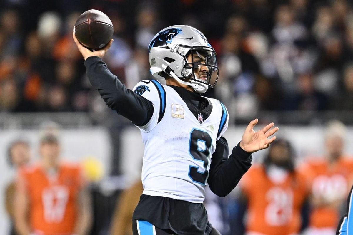 Nov 9, 2023; Chicago, Illinois, USA;  Carolina Panthers quarterback Bryce Young (9) passes in the first half against the Chicago Bears at Soldier Field.