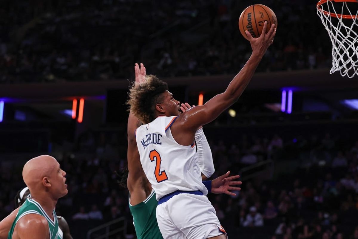 Oct 9, 2023; New York, New York, USA;New York Knicks guard Miles McBride (2) drives to the basket during the second half against the Boston Celtics at Madison Square Garden.