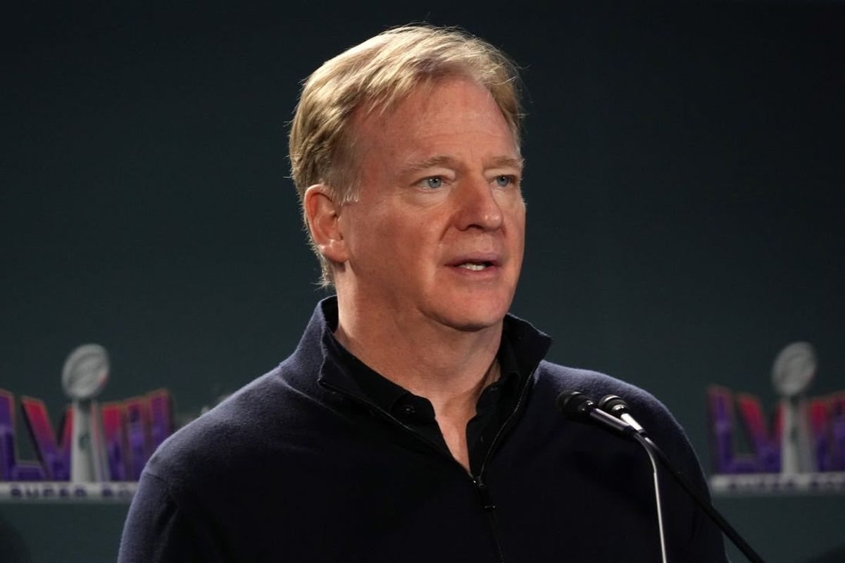 Feb 12, 2024; Las Vegas, NV, USA; NFL commissioner Roger Goodell at the Super Bowl Host Committee Handoff press conference at the Super Bowl LVIII media center at the Mandalay Bay North Convention Center.