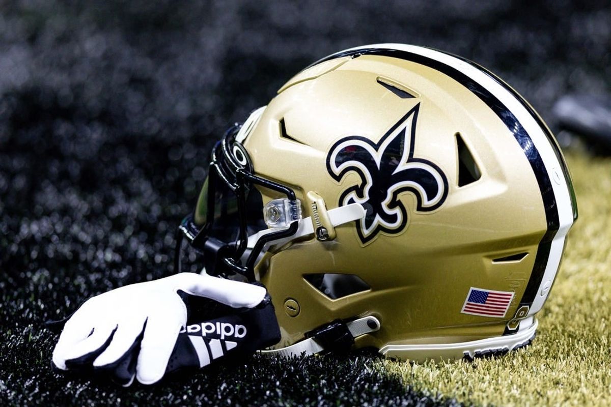 Aug 13, 2023; New Orleans, Louisiana, USA;  Detailed view of a New Orleans Saints helmet and glove.