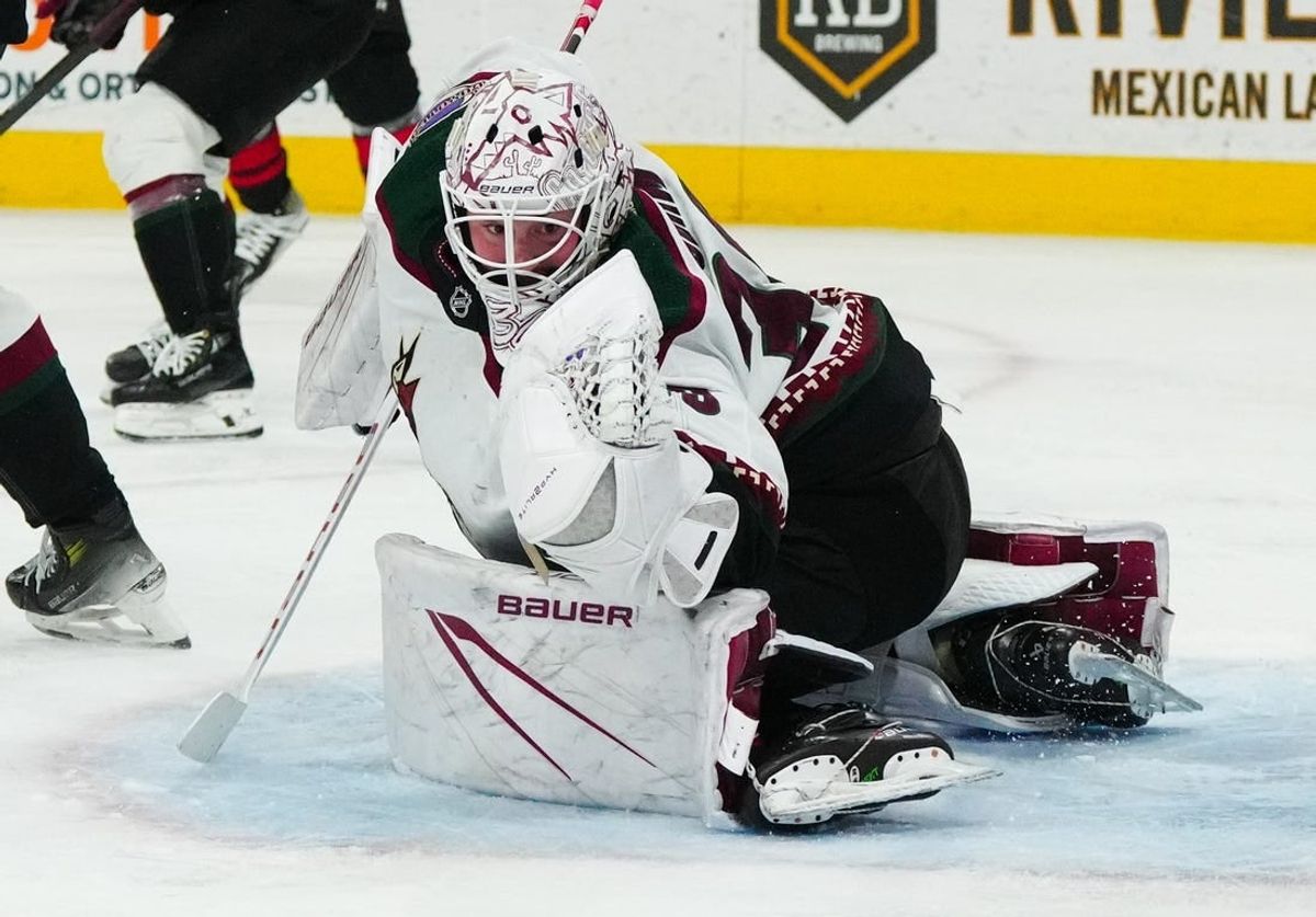 Jan 27, 2024; Raleigh, North Carolina, USA; Arizona Coyotes goaltender Connor Ingram (39) makes a glove save against the Carolina Hurricanes during the third period at PNC Arena.