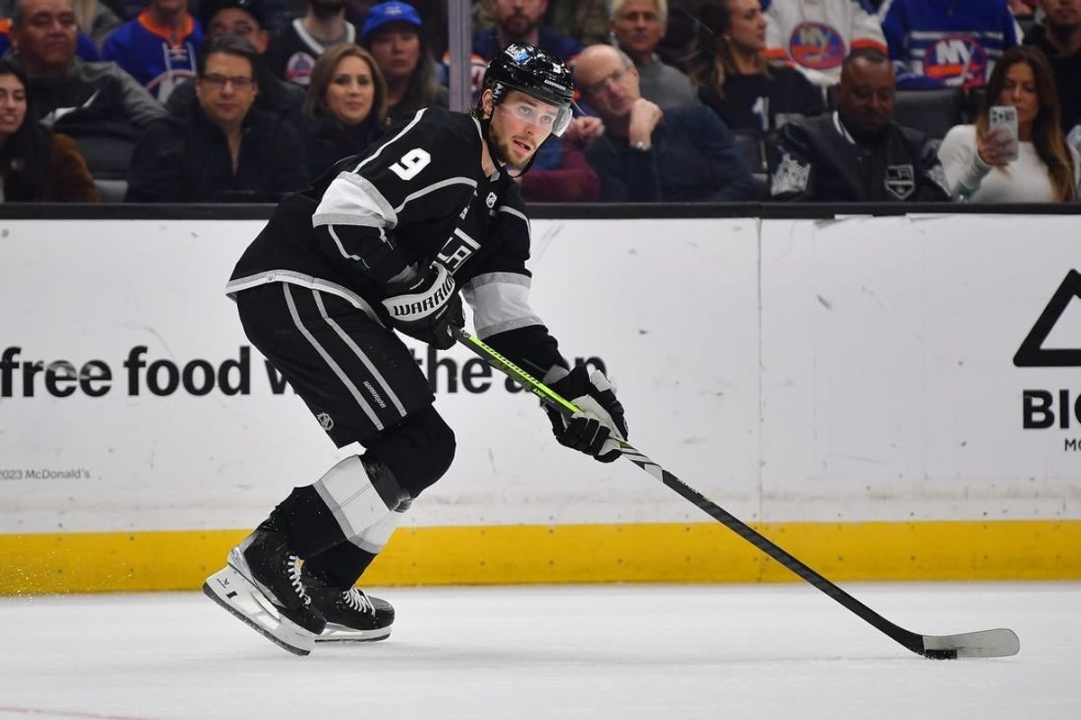 Mar 11, 2024; Los Angeles, California, USA; Los Angeles Kings right wing Adrian Kempe (9) controls the puck against the New York Islanders during the second period at Crypto.com Arena.