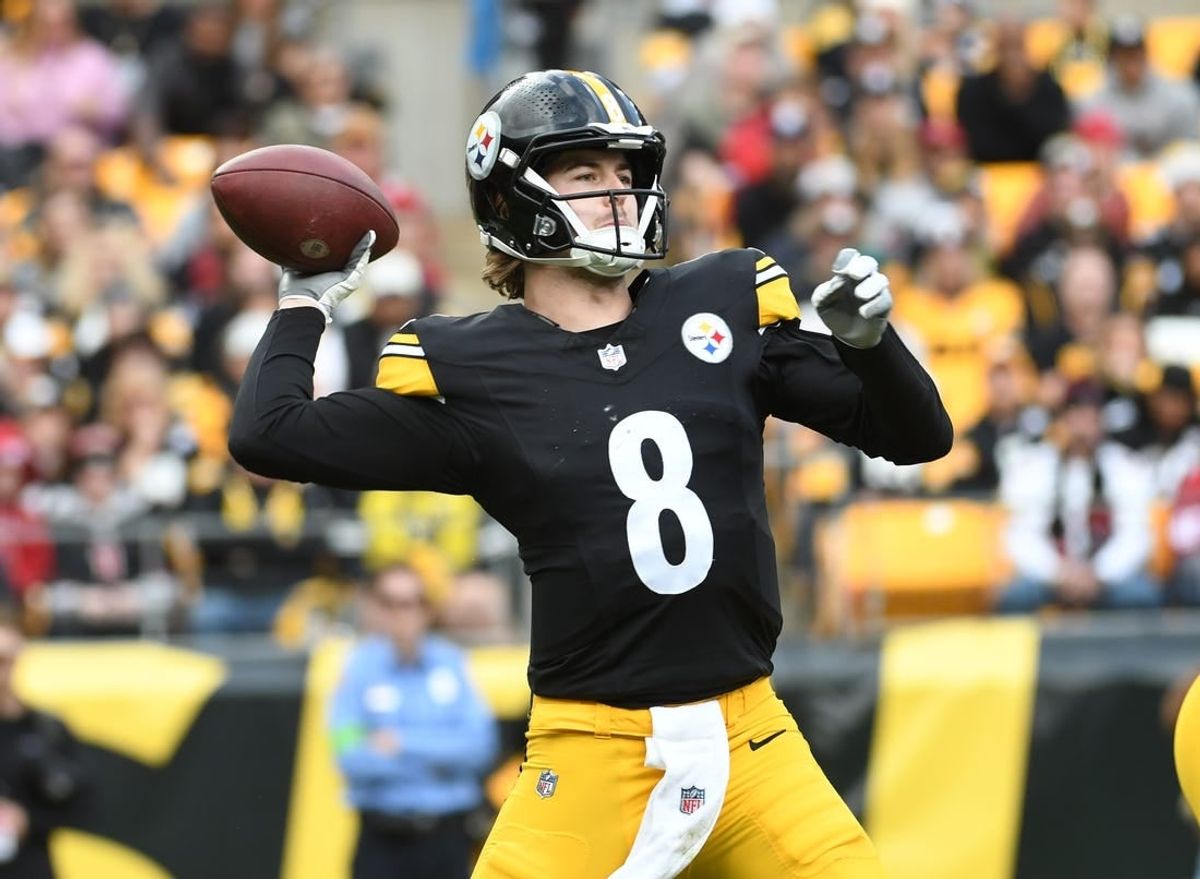 Dec 3, 2023; Pittsburgh, Pennsylvania, USA; Pittsburgh Steelers quarterback Kenny Pickett (8) passes the ball against the Arizona Cardinals during the second quarter at Acrisure Stadium.