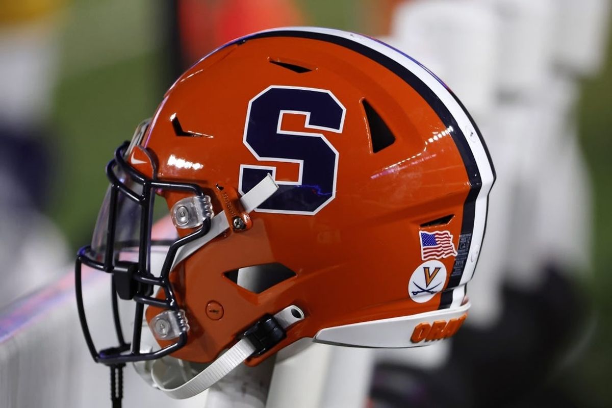 Nov 26, 2022; Chestnut Hill, Massachusetts, USA; The logo of the Syracuse Orange is seen on a helmet during the second half of their game against the Boston College Eagles at Alumni Stadium.