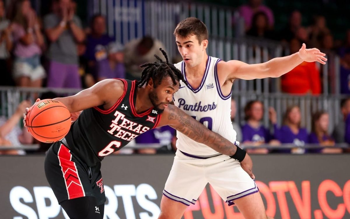 Nov 23, 2023; Paradise Island, BAHAMAS;  Texas Tech Red Raiders guard Joe Toussaint (6) drives as Northern Iowa Panthers guard RJ Taylor (10) defends during the first half at Imperial Arena.