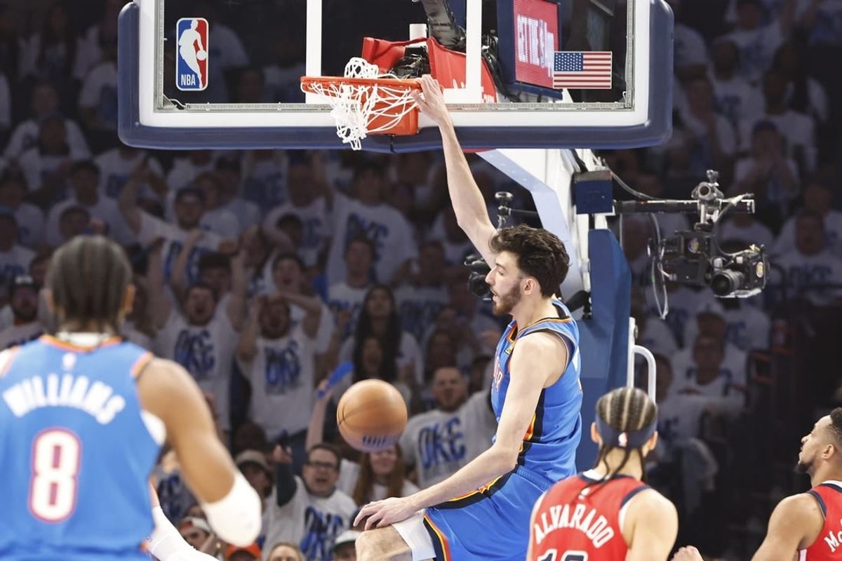 Apr 24, 2024; Oklahoma City, Oklahoma, USA; Oklahoma City Thunder forward Chet Holmgren (7) dunks against the New Orleans Pelicans during the second quarter of game two of the first round for the 2024 NBA playoffs at Paycom Center.