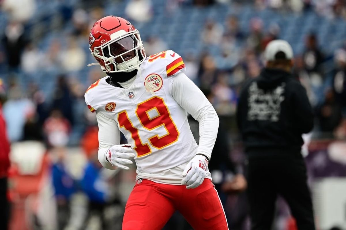 Dec 17, 2023; Foxborough, Massachusetts, USA; Kansas City Chiefs wide receiver Kadarius Toney (19) warms up before a game against the New England Patriots at Gillette Stadium.