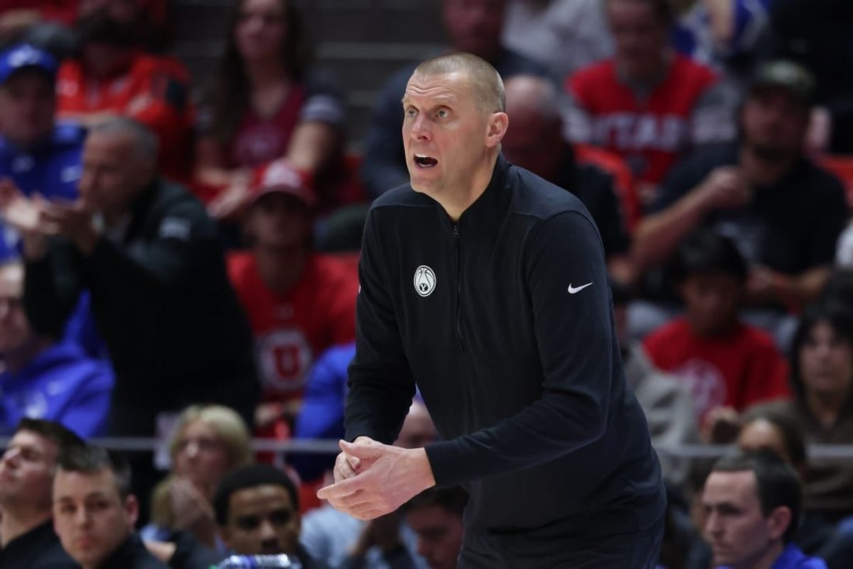 Dec 9, 2023; Salt Lake City, Utah, USA; Brigham Young Cougars head coach Mark Pope looks on in the game against the Utah Utes during the first half at Jon M. Huntsman Center.