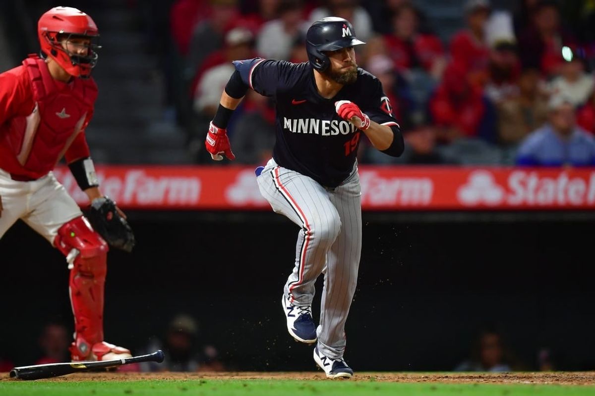 Apr 27, 2024; Anaheim, California, USA; Minnesota Twins left fielder Alex Kirilloff (19) runs after hitting an RBI single against the Los Angeles Angels during the seventh inning at Angel Stadium.