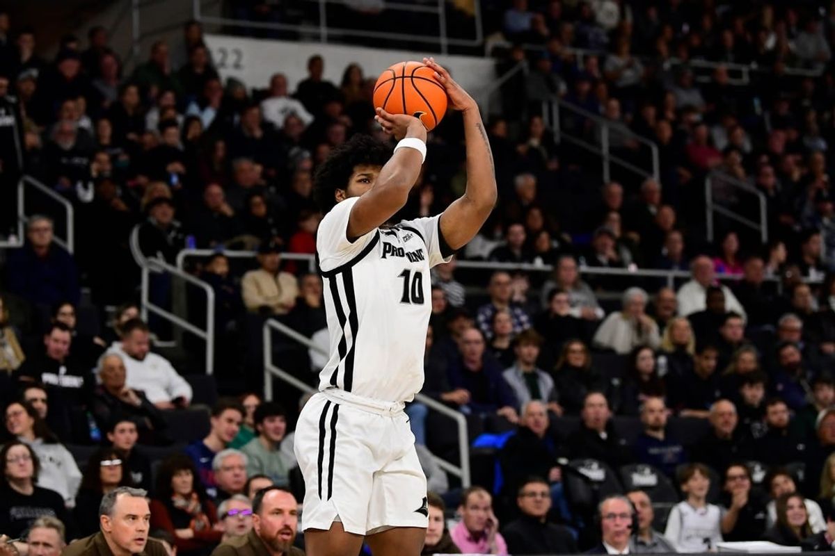 Nov 24, 2023; Providence, Rhode Island, USA; Providence Friars forward Richard Barron (10) shoots against the Lehigh Mountain Hawks during the first half at Amica Mutual Pavilion.