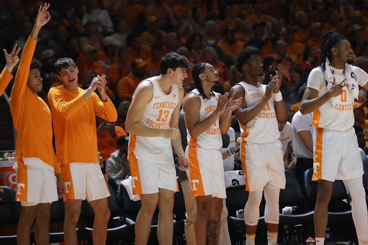 Jan 20, 2024; Knoxville, Tennessee, USA; The Tennessee Volunteers bench reacts to a three-point shot against the Alabama Crimson Tide during the first half at Thompson-Boling Arena at Food City Center.