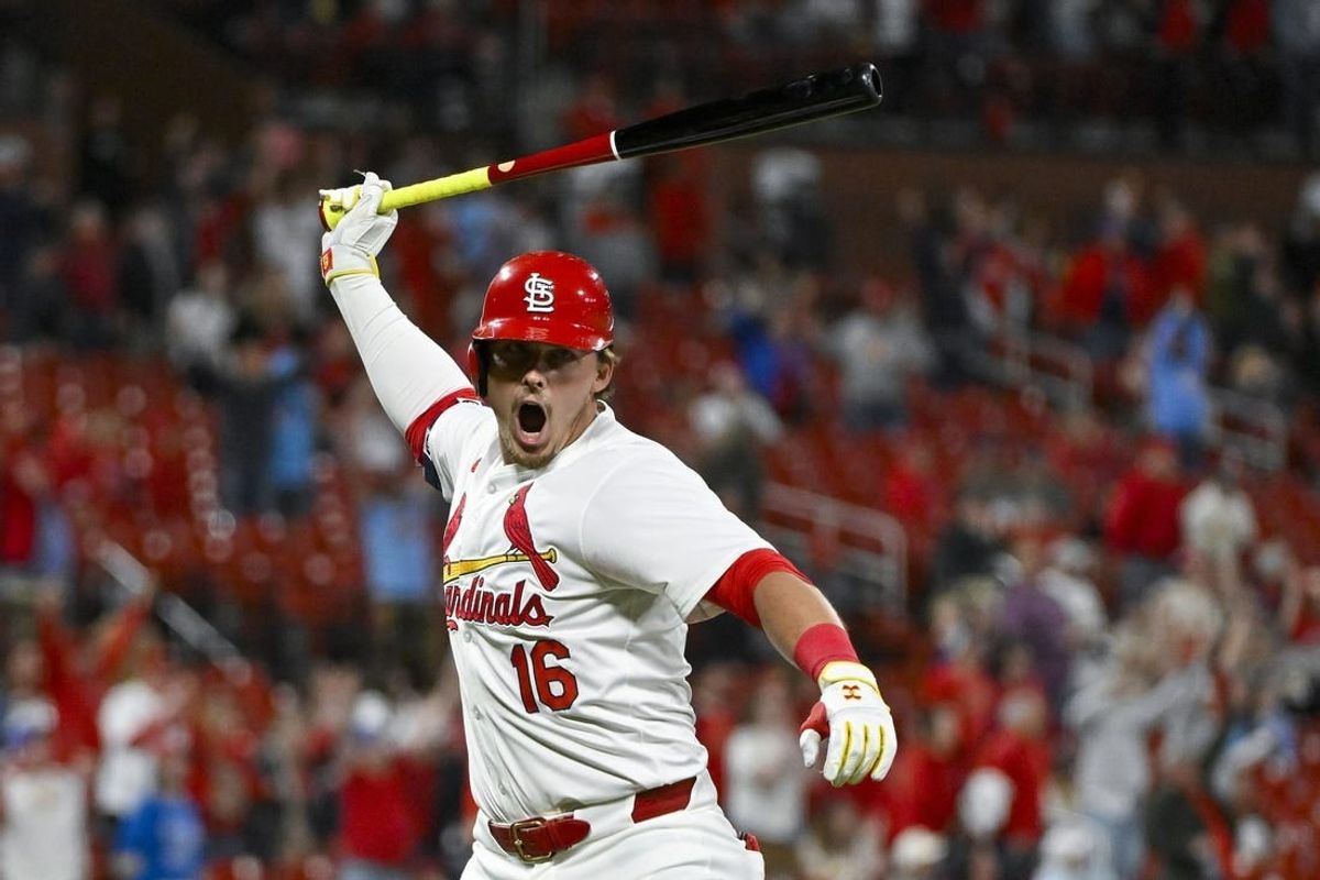 Apr 22, 2024; St. Louis, Missouri, USA;  St. Louis Cardinals second baseman Nolan Gorman (16) reacts after hitting a walk-off two run home run against the Arizona Diamondbacks during the ninth inning at Busch Stadium.