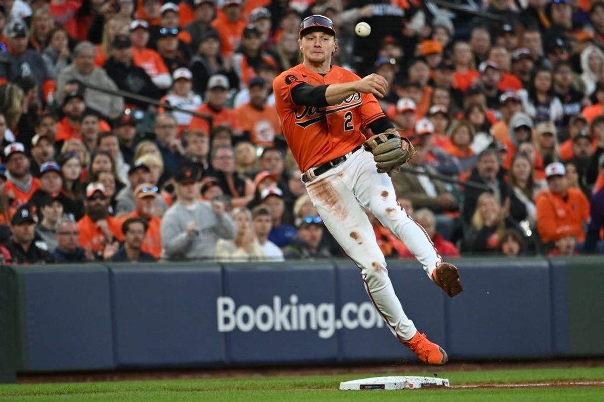 Oct 8, 2023; Baltimore, Maryland, USA; Baltimore Orioles third baseman Gunnar Henderson (2) throws to first base during game two of the ALDS for the 2023 MLB playoffs against the Texas Rangers at Oriole Park at Camden Yards.