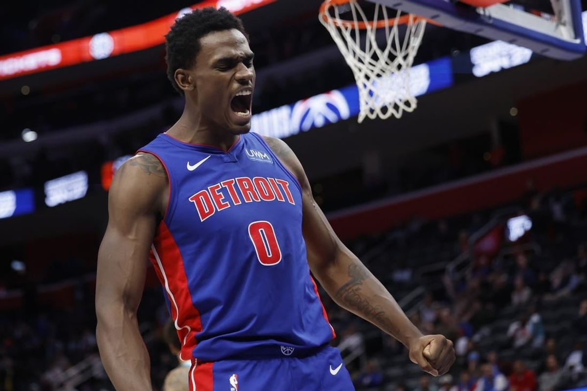 Jan 24, 2024; Detroit, Michigan, USA;  Detroit Pistons center Jalen Duren (0) celebrates in the second half against the Charlotte Hornets at Little Caesars Arena.