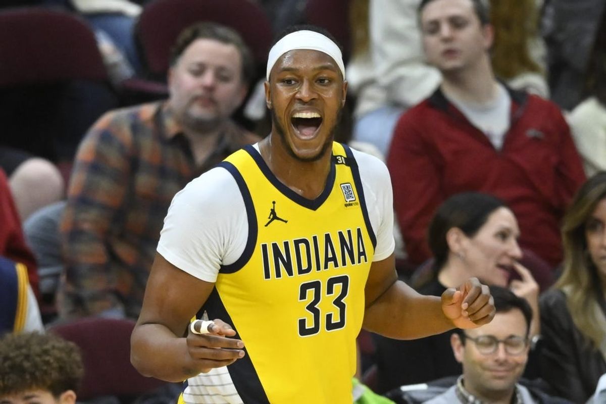 Apr 12, 2024; Cleveland, Ohio, USA; Indiana Pacers center Myles Turner (33) reacts after missing a three-point basket in the fourth quarter against the Cleveland Cavaliers at Rocket Mortgage FieldHouse.