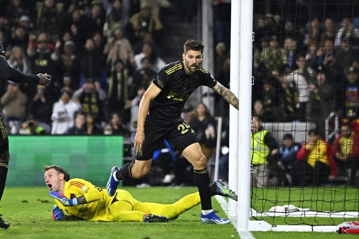 Dec 2, 2023; Los Angeles, California, USA; Los Angeles FC midfielder Ryan Hollingshead (24) reacts after scoring a goal against the Houston Dynamo in the first half for the MLS Cup Western Conference Final at BMO Stadium.