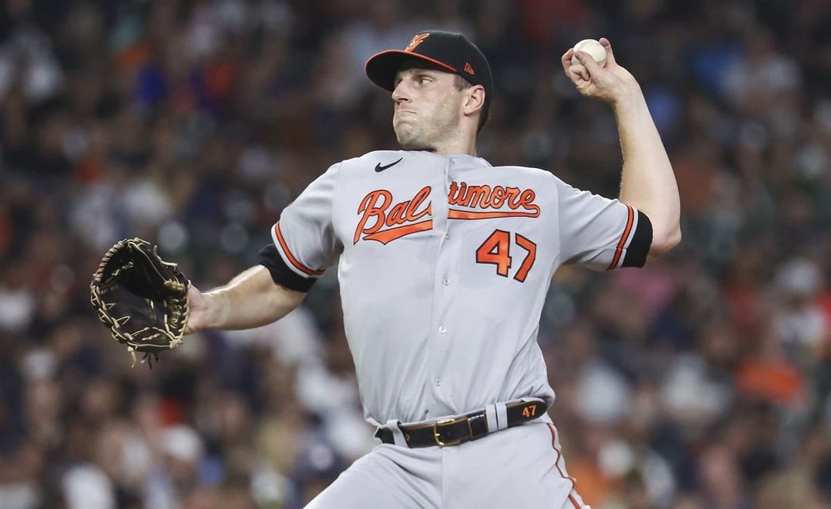 Sep 18, 2023; Houston, Texas, USA; Baltimore Orioles starting pitcher John Means (47) delivers a pitch during the fourth inning against the Houston Astros at Minute Maid Park.