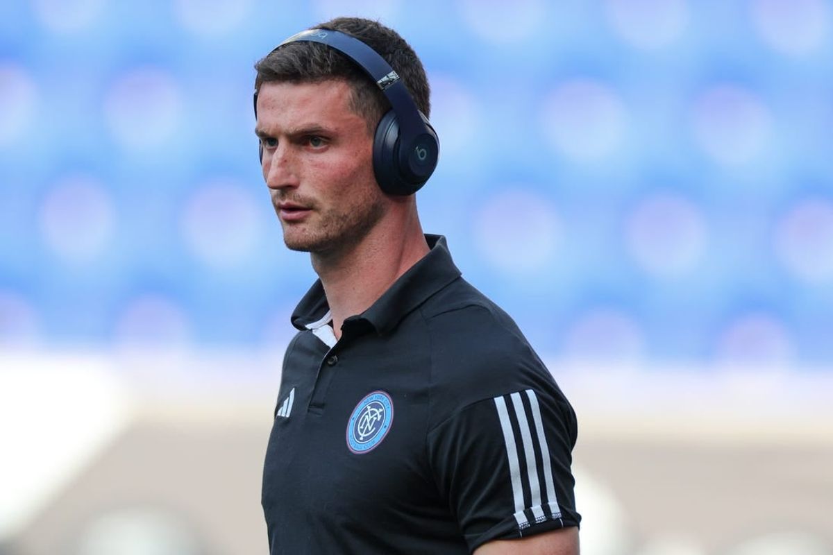Jul 26, 2023; Harrison, NJ, USA; New York City FC goalkeeper Cody Mizell (25) with beats wireless headphones on the pitch before the match against Toronto FC at Red Bull Arena.