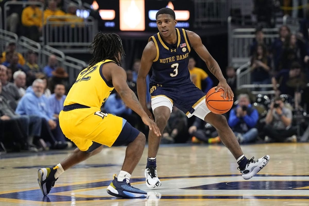 Dec 9, 2023; Milwaukee, Wisconsin, USA;  Notre Dame Fighting Irish guard Markus Burton (3) during the game against the Marquette Golden Eagles at Fiserv Forum.