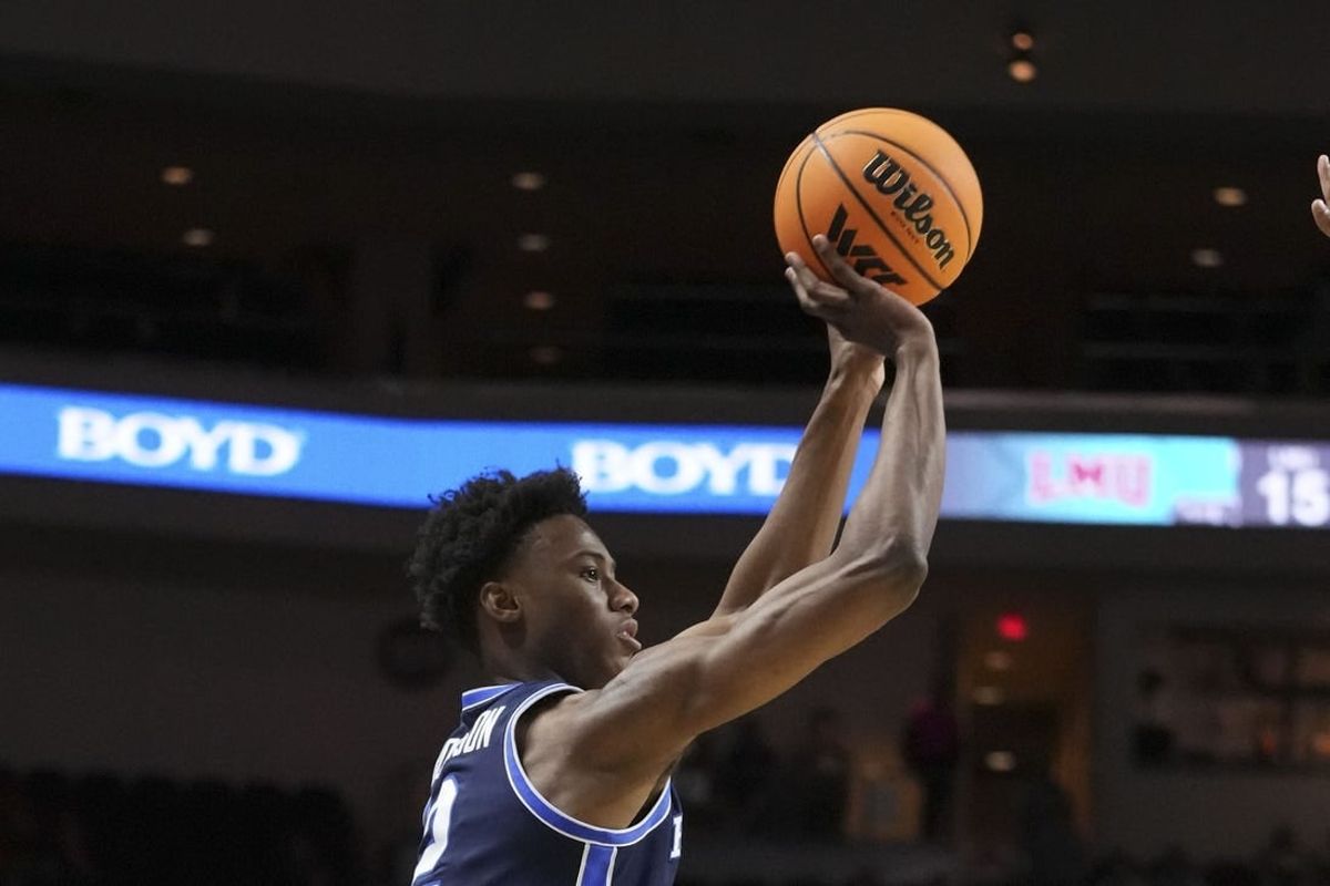 March 4, 2023; Las Vegas, NV, USA; Brigham Young Cougars guard Jaxson Robinson (2) shoots the basketball during the first half in the quarterfinals of the WCC Basketball Championships at Orleans Arena.