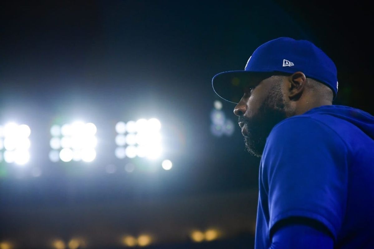 Sep 21, 2023; Los Angeles, California, USA; Los Angeles Dodgers right fielder Jason Heyward (23) watches game action against the San Francisco Giants during the ninth inning at Dodger Stadium.