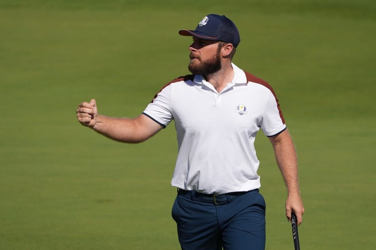 Sep 30, 2023; Rome, ITA; Team Europe golfer Tyrrell Hatton celebrates during day two foursomes round for the 44th Ryder Cup golf competition at Marco Simone Golf and Country Club.
