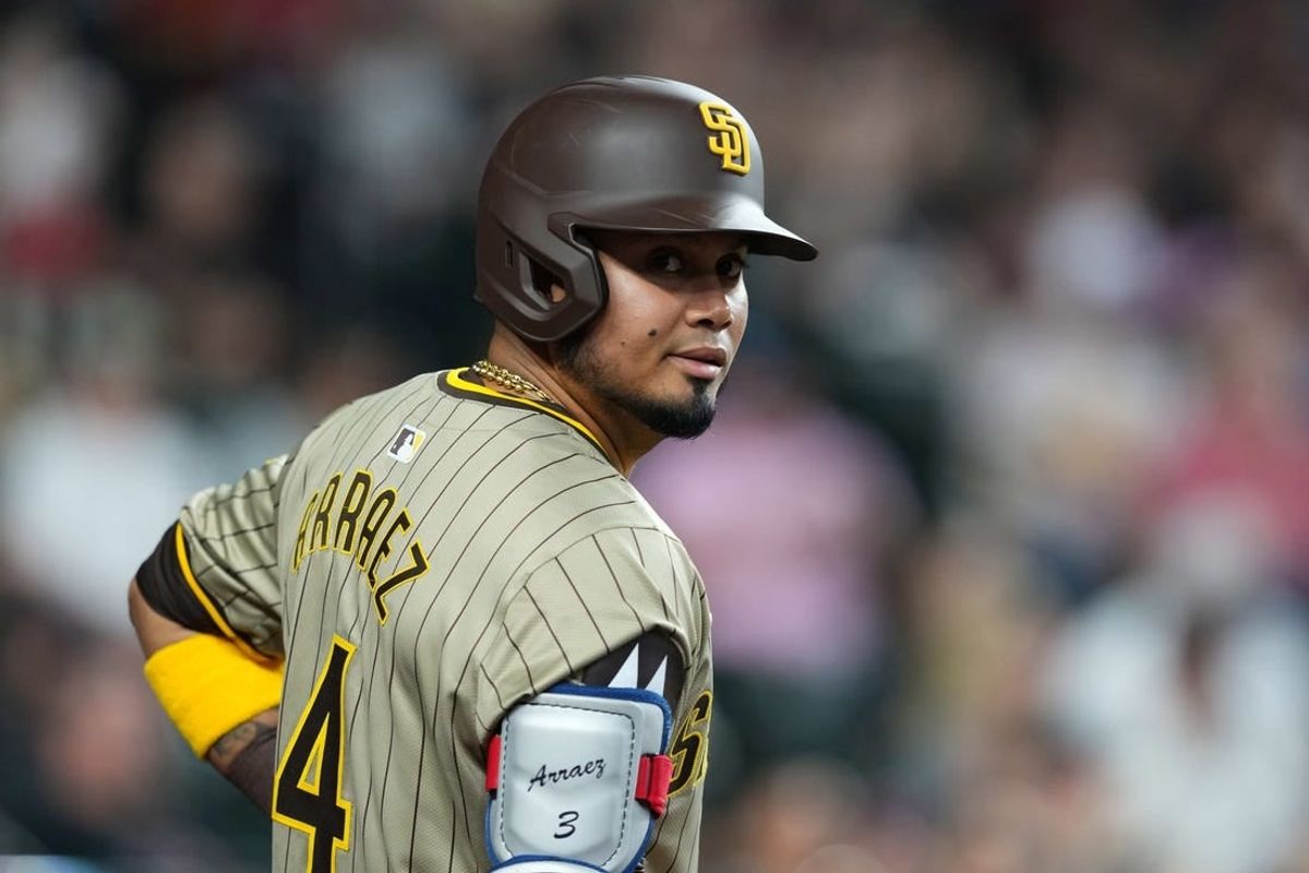 May 4, 2024; Phoenix, Arizona, USA; San Diego Padres designated hitter Luis Arraez (4) looks on against the Arizona Diamondbacks during the first inning at Chase Field.