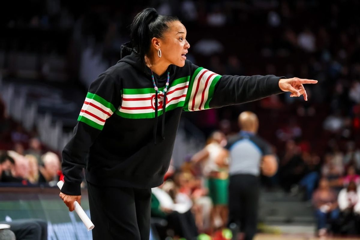 Nov 24, 2023; Columbia, South Carolina, USA; South Carolina Gamecocks head coach Dawn Staley directs her team against the Mississippi Valley State Devilettes in the second half at Colonial Life Arena.