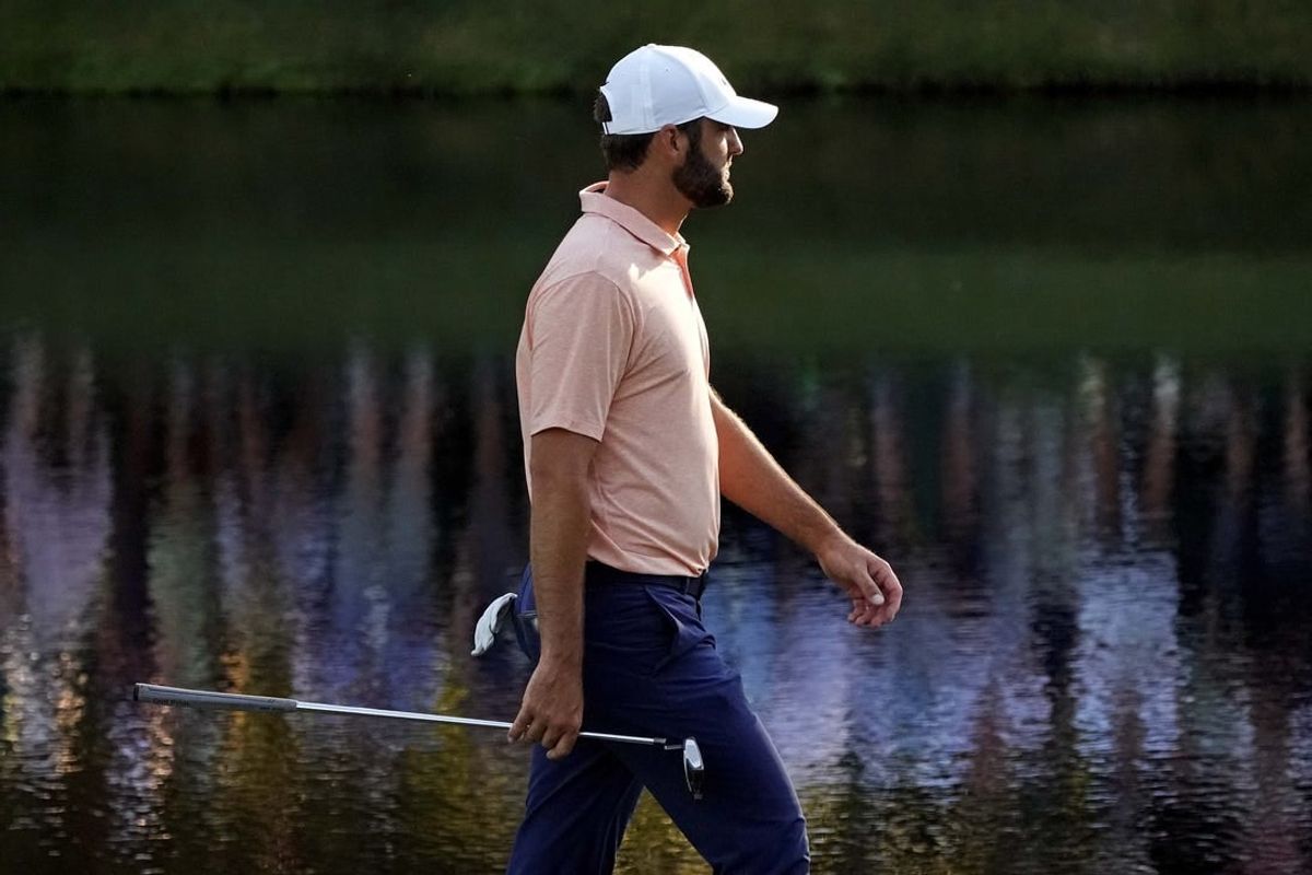 Apr 14, 2024; Augusta, Georgia, USA; Scottie Scheffler walks on the 16th hole during the final round of the Masters Tournament.