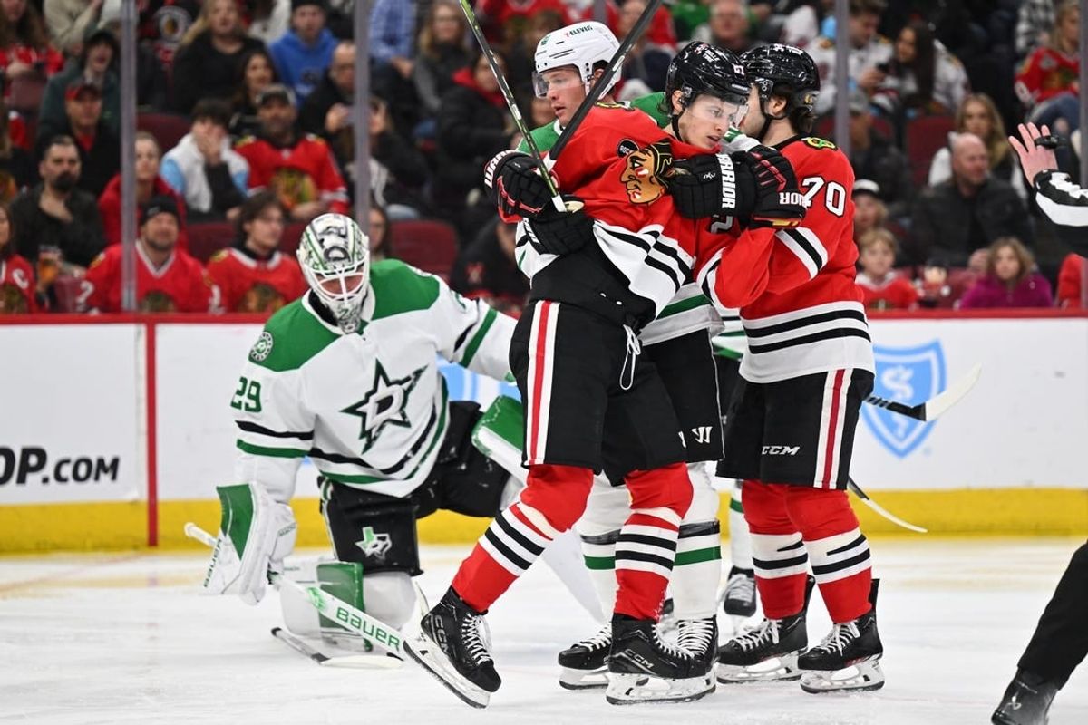 Jan 13, 2024; Chicago, Illinois, USA;  Dallas Stars defenseman Ryan Suter (20) pulls Chicago Blackhawks forward Lukas Reichel (27) away from his goaltender in the third period at United Center.