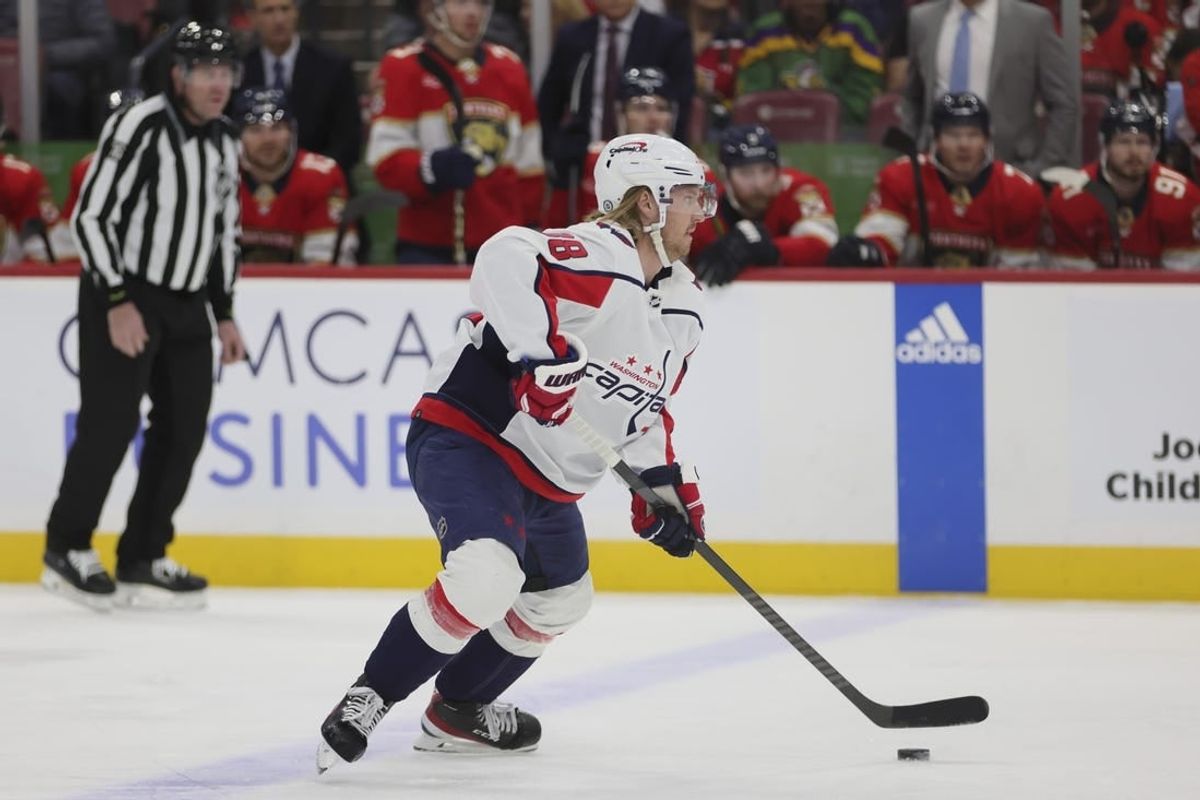 Feb 8, 2024; Sunrise, Florida, USA; Washington Capitals defenseman Rasmus Sandin (38) moves the puck against the Florida Panthers during the first period at Amerant Bank Arena.