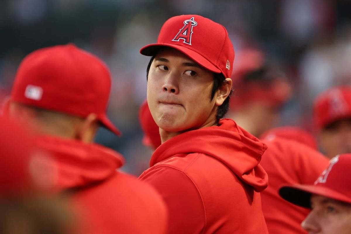 Sep 30, 2023; Anaheim, California, USA; Los Angeles Angels two-way player Shohei Ohtani (17) watches a game against the Oakland Athletics from the dugout at Angel Stadium.