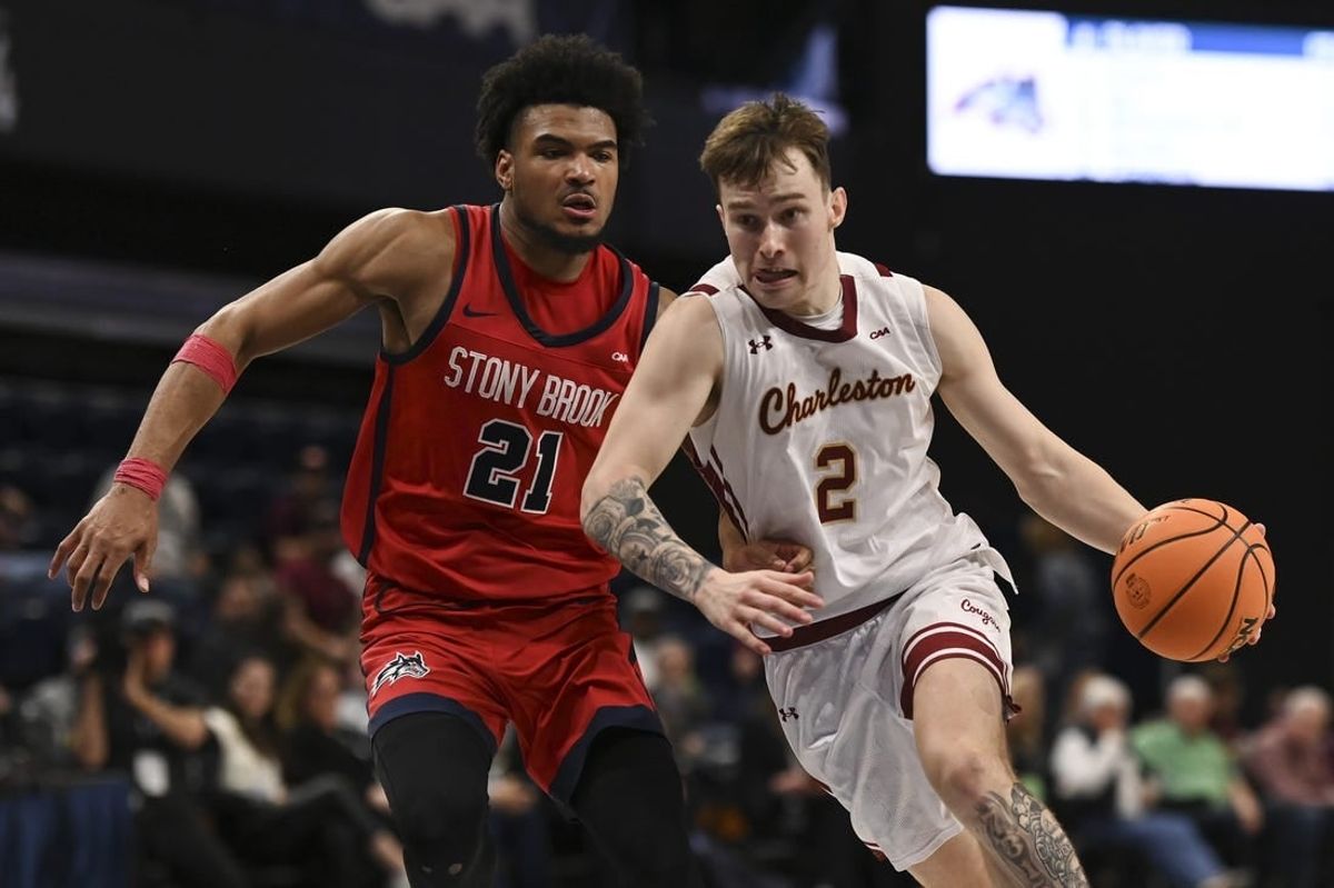 Mar 12, 2024; Washington, D.C., USA; General game action during the second half and over time of the Coastal Conference Tournament finals between the College of Charleston Cougars and the Stony Brook Seawolves at Entertainment and Sports Arena.
