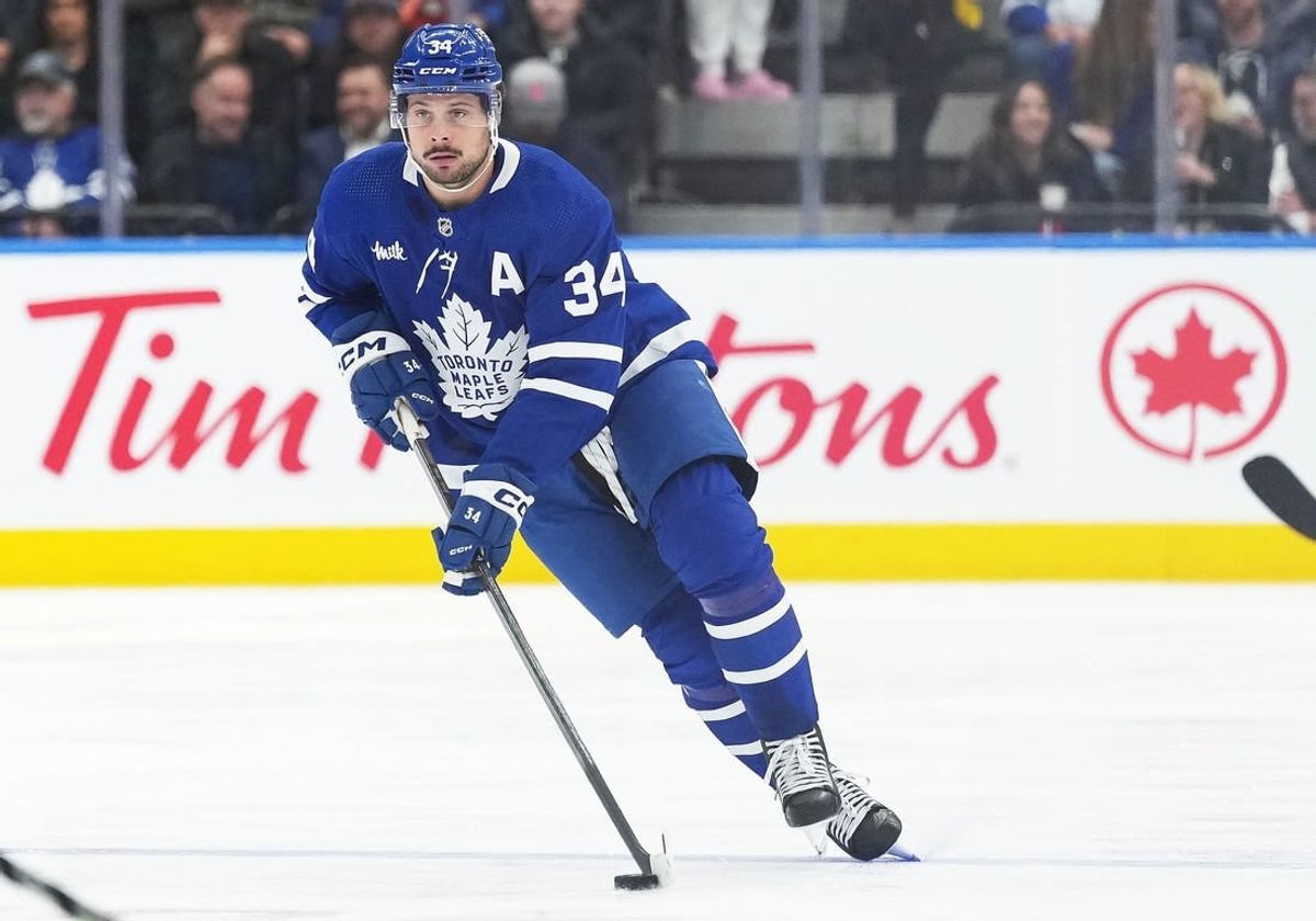 Apr 8, 2024; Toronto, Ontario, CAN; Toronto Maple Leafs center Auston Matthews (34) skates with the puck against the Pittsburgh Penguins during the third period at Scotiabank Arena.
