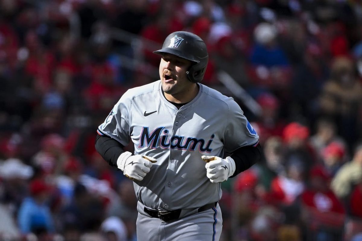 Apr 4, 2024; St. Louis, Missouri, USA;  Miami Marlins third baseman Jake Burger (36) reacts after hitting a solo home run against the St. Louis Cardinals during the fifth inning at Busch Stadium.
