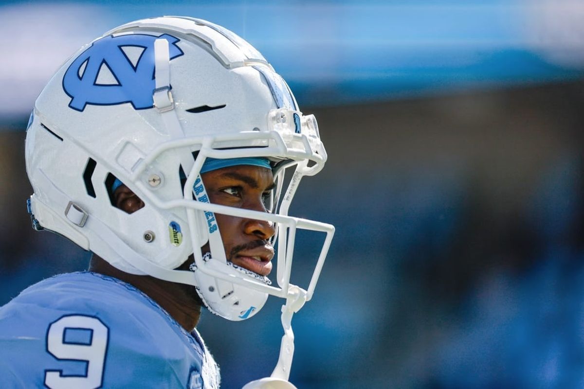 Oct 7, 2023; Chapel Hill, North Carolina, USA; North Carolina Tar Heels wide receiver Devontez Walker (9) warms up before the game against the Syracuse Orange at Kenan Memorial Stadium.