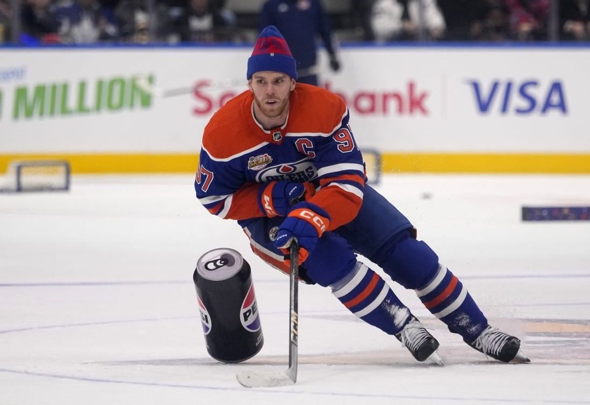Feb 2, 2024; Toronto, Ontario, CANADA; Edmonton Oilers center Connor McDavid (97) competes in the obstacle course during the NHL All-Star Skills Competition at Scotiabank Arena.