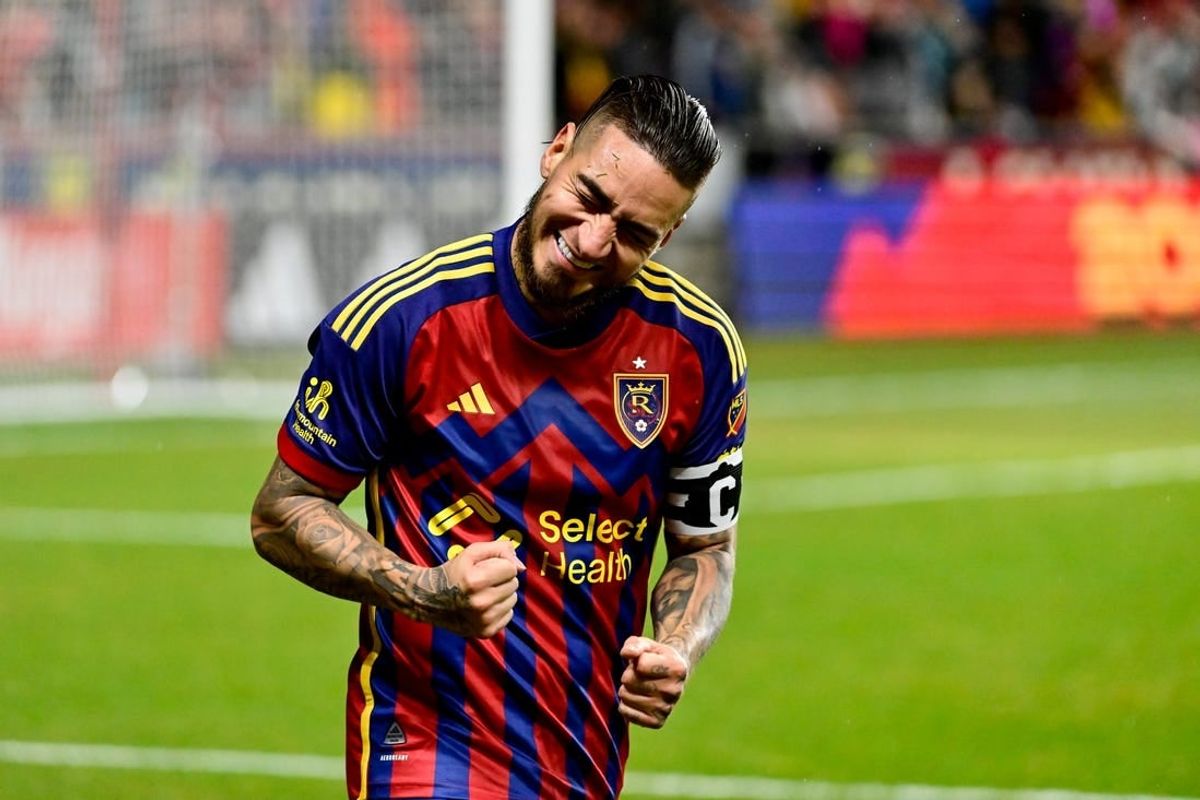 Mar 31, 2024; Sandy, Utah, USA; Real Salt Lake forward Cristian Arango (9) celebrates after scoring a goal in the second half against St. Louis CITY SC at America First Field.