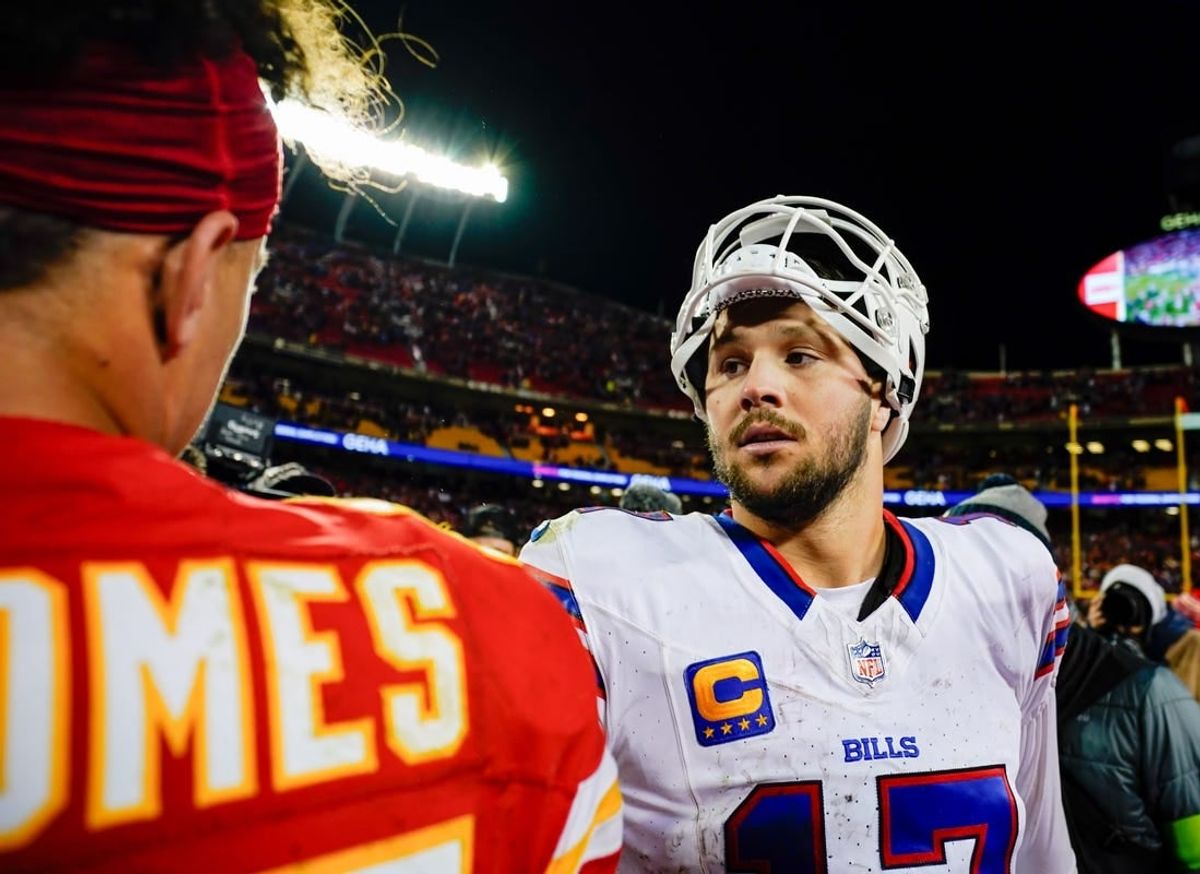 Dec 10, 2023; Kansas City, Missouri, USA; Buffalo Bills quarterback Josh Allen (17) talks with Kansas City Chiefs quarterback Patrick Mahomes (15) after a game  at GEHA Field at Arrowhead Stadium.