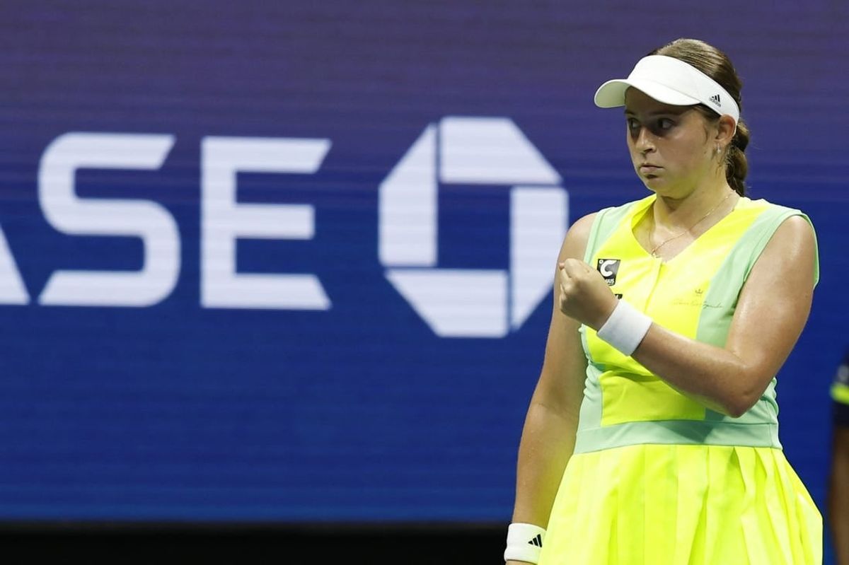 Sep 3, 2023; Flushing, NY, USA; Jelena Ostapenko of Latvia reacts after winning the second set against Iga Swiatek of Poland (not pictured) on day seven of the 2023 U.S. Open tennis tournament at USTA Billie Jean King National Tennis Center.