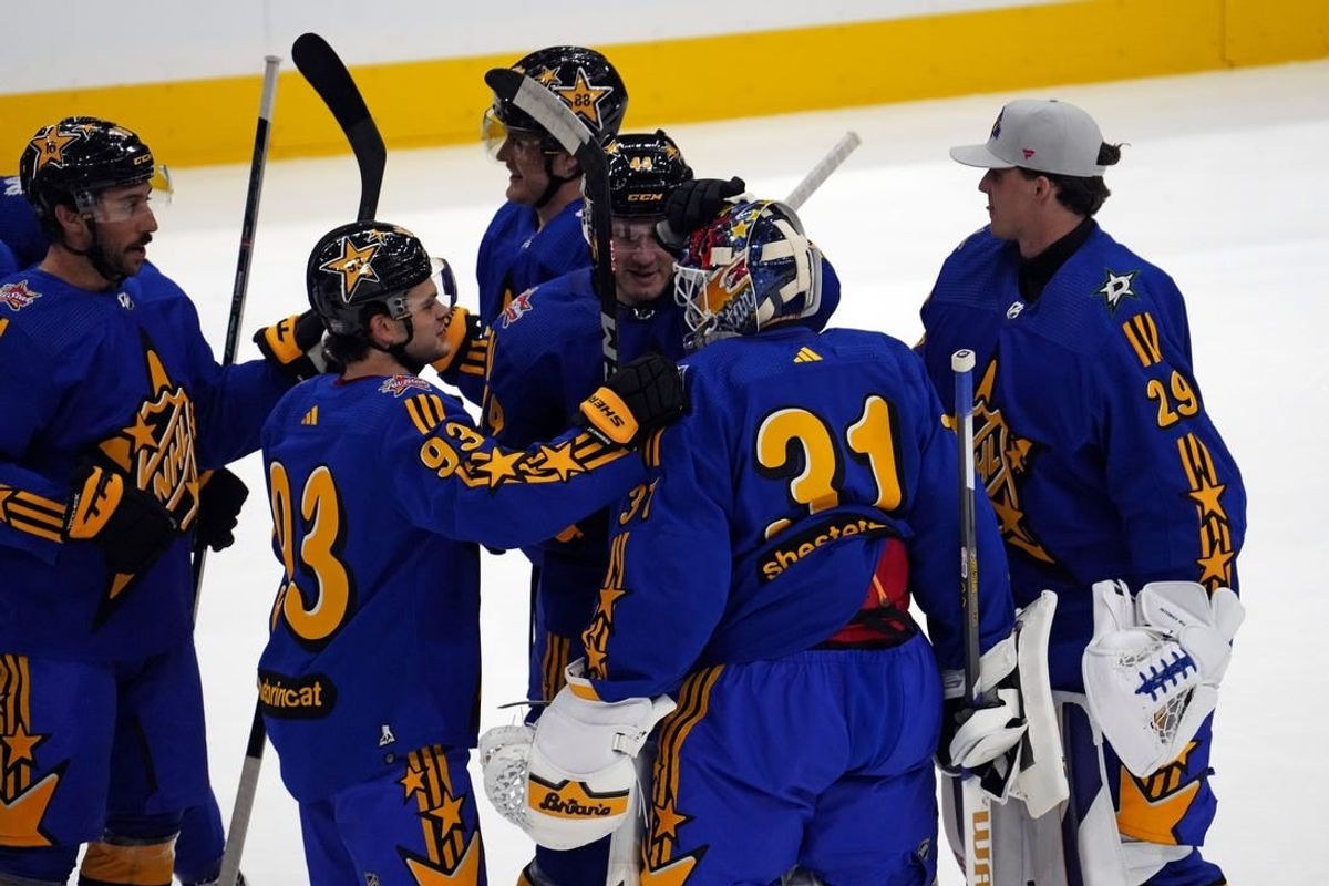 Feb 3, 2024; Toronto, Ontario, CAN; Team Matthews celebrates after beating Team Hughes in the 2024 NHL All-Star Game at Scotiabank Arena.